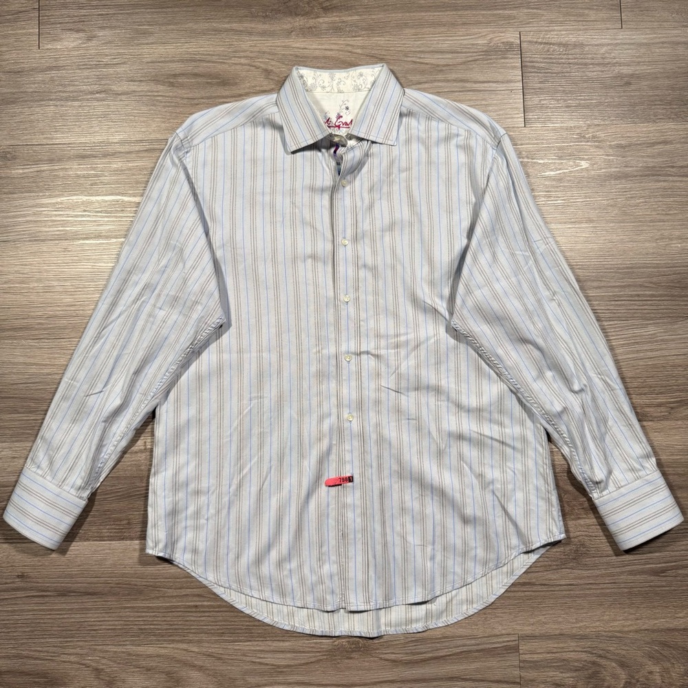 Men’s Robert Graham Blue Striped Floral Flip Cuff Dress Shirt Size XL
